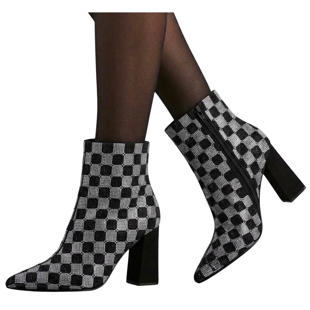 Wild Pair Ingriddd Rhinestone Checkered Ankle Boots Black Silver Block Heel 5M